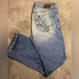 BKE Derek Jeans Mens 36x36 Blue Bootcut Light Wash Distressed Thick Stitch Retro